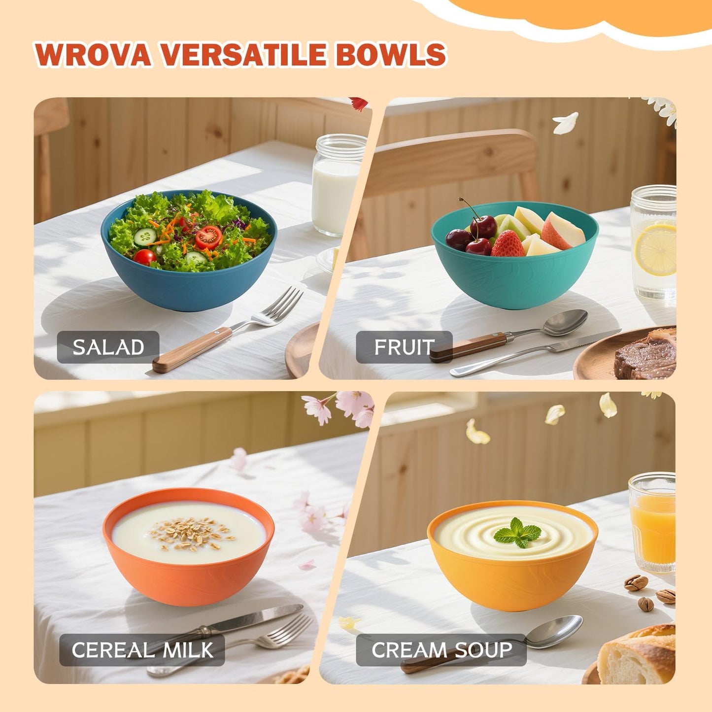 Wrova Wheat Straw Bowls for Kitchen set of 6,Anti-Scald Thick Soup Bowls 40oz,Microwave and Dishwasher Safe Bowl Sets, Unbreakable Cereal Bowl Sets. Vibrant Series