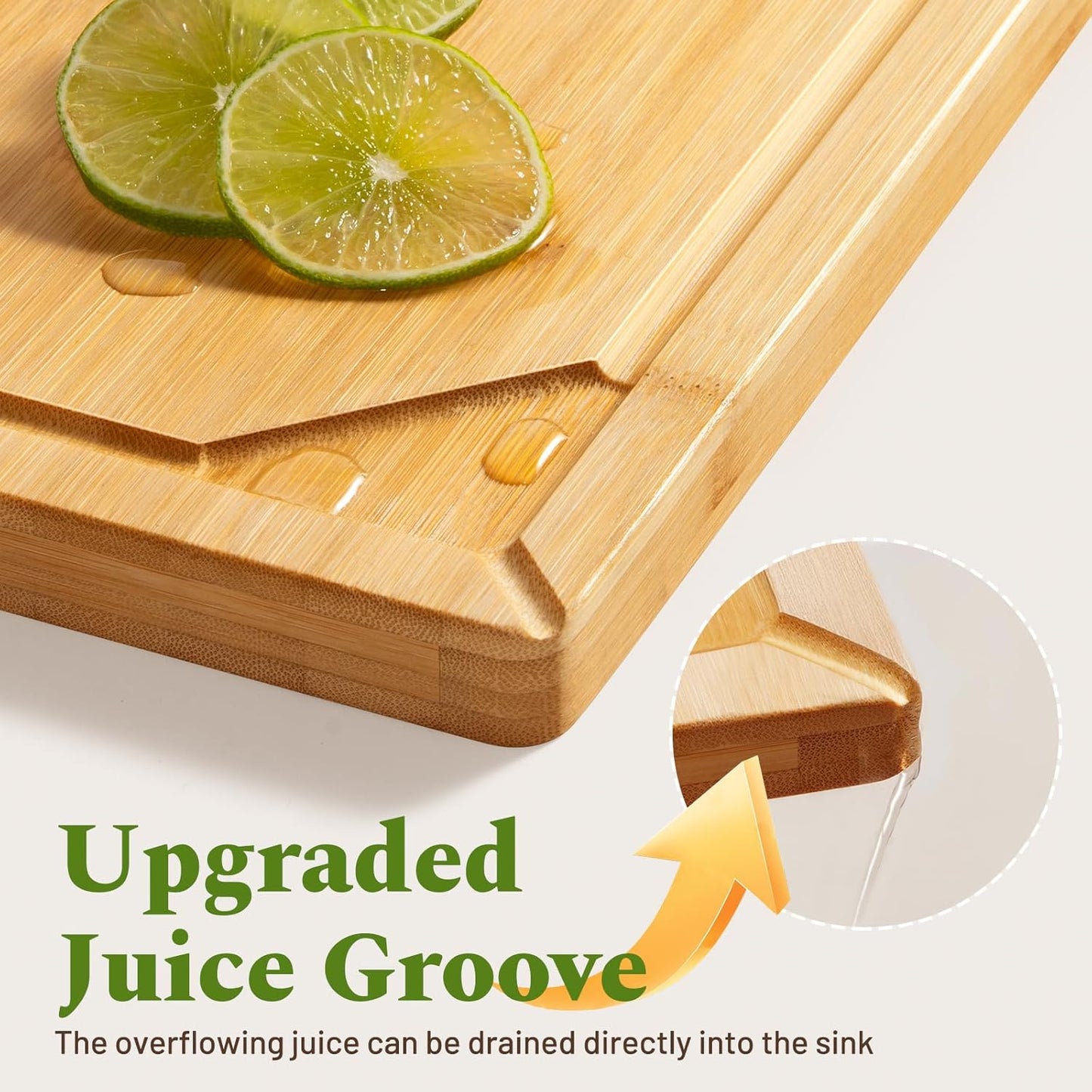 Kikcoin Over Sink Bamboo Cutting Boards for Kitchen - 3+1 Piece Self-Draining Healthy Wood Cutting Board Set with Built in Handle& Spout, Charcuterie& Meat Extra Large Butcher Chopping Boards, Natural