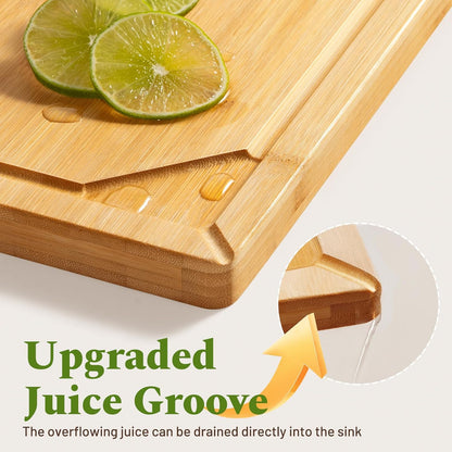 Kikcoin Over Sink Bamboo Cutting Boards for Kitchen - 3+1 Piece Self-Draining Healthy Wood Cutting Board Set with Built in Handle& Spout, Charcuterie& Meat Extra Large Butcher Chopping Boards, Natural