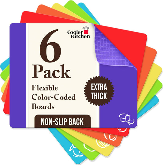 Extra Thick Flexible Plastic Cutting Board Mats, Set of 6 for Kitchen, BPA Free, Non-Slip Waffle Back, Dishwasher Safe Cutting Boards, Color Coded with Food Icons, 15x12 Inch - Cooler Kitchen