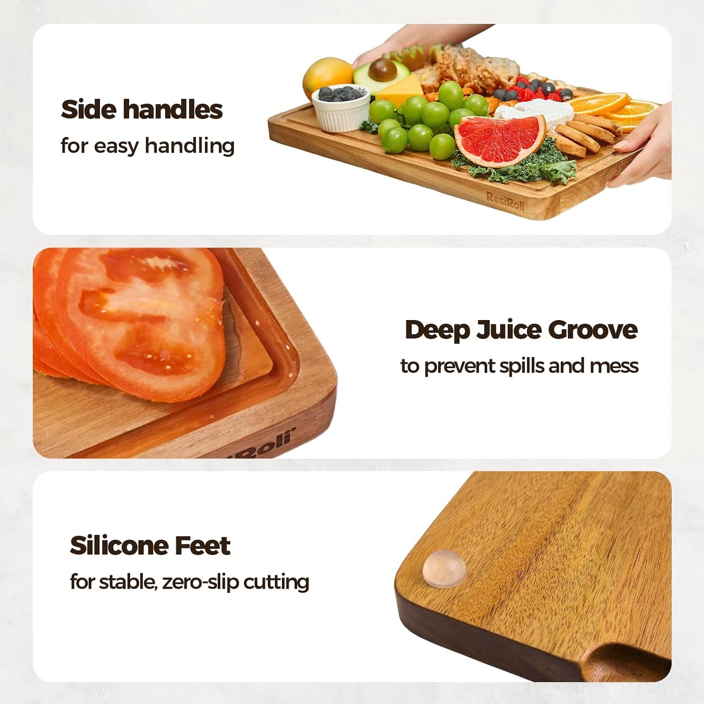 Acacia Wood Cutting Board for Kitchen, Set of 3 - Durable Thick Chopping Boards with Juice Grooves & Handles for Prep & Serving, Impressive Gift for Housewarming, Christmas, and Home Chefs