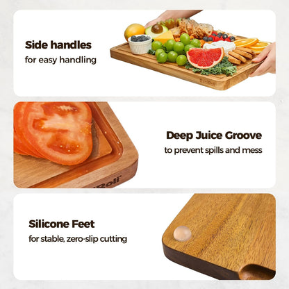 Acacia Wood Cutting Board for Kitchen, Set of 3 - Durable Thick Chopping Boards with Juice Grooves & Handles for Prep & Serving, Impressive Gift for Housewarming, Christmas, and Home Chefs