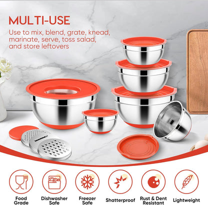 E-far 25PCS Mixing Bowls with Lid Set, Stainless Steel Nesting Prep Bowls with Grater Attachments Non-Slip Bottoms for Cooking, Serving, Food Storage, 4.6/2.6/2/1.5/1/0.7QT - Khaki