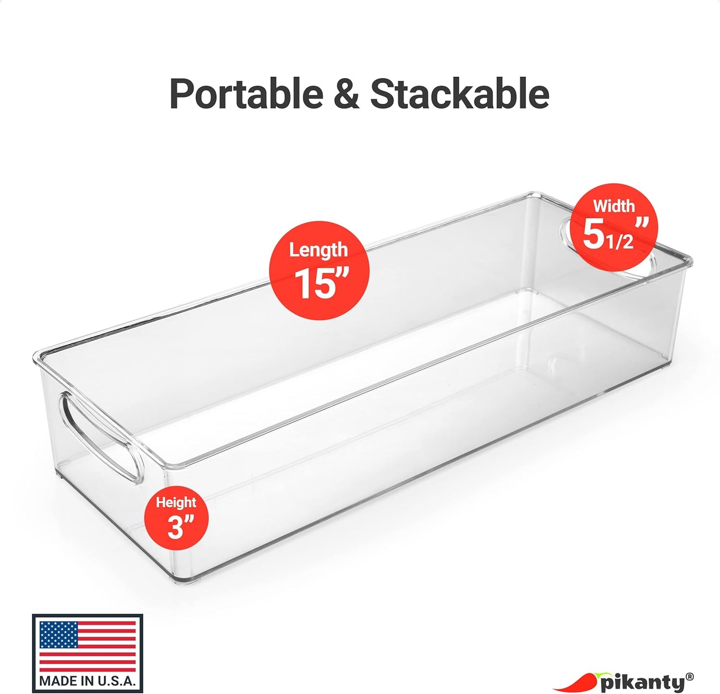 Pikanty Clear Refrigerator Organizer Bin with Handles — 11 Inch Compact Stackable Fridge and Pantry Storage Container for Snacks, Yogurt, Condiments, Dishwasher Safe, Made in USA