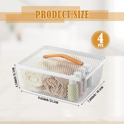 Tandefio 4 Pcs Metal Mesh Basket with Lid and Wooden Handle 9.65 x 7.68 Inch Wire Storage Basket Garden Baskets Organizer Containers for Vegetable Fruit Picnic Kitchen Bathroom (White)