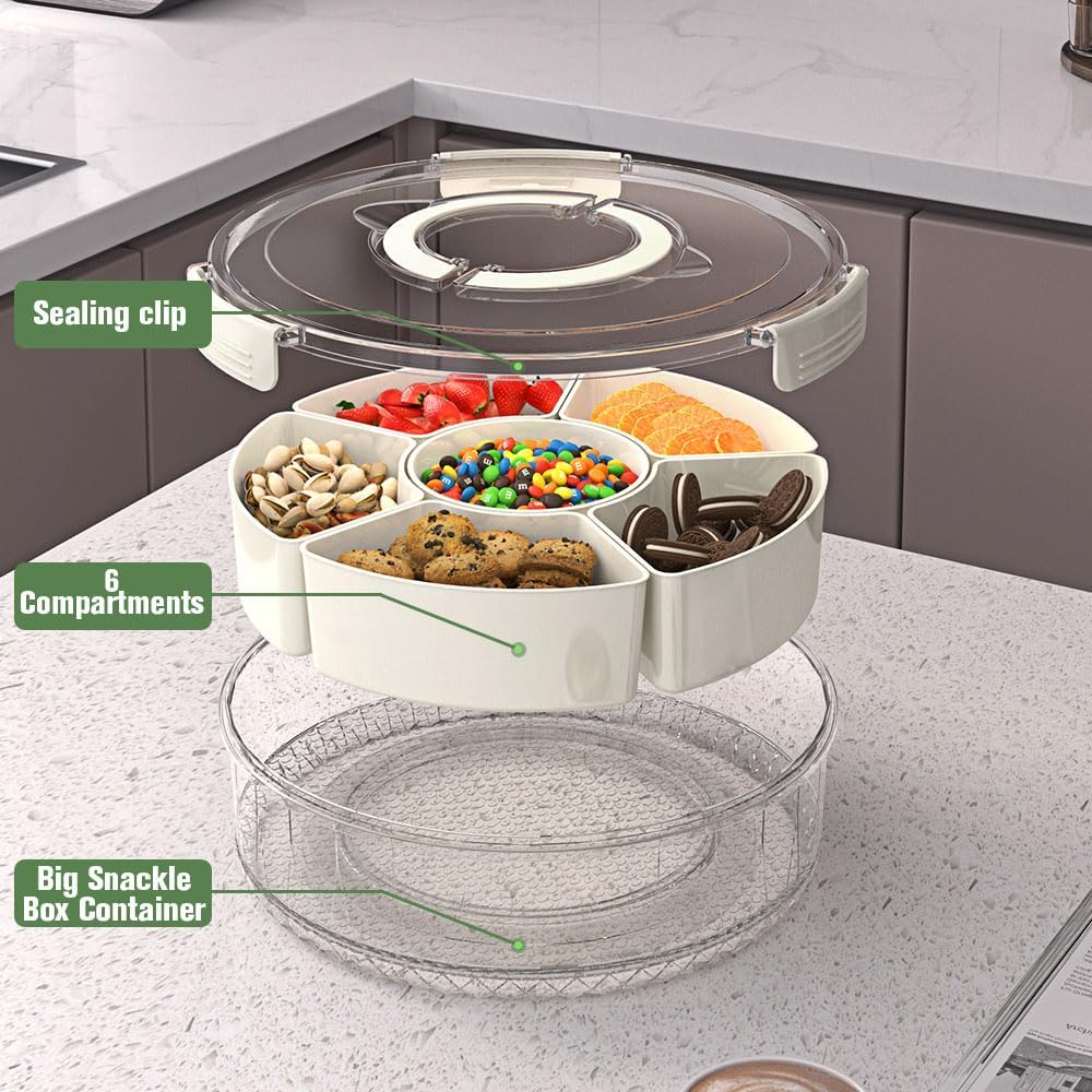Divided Serving Tray with Lid and Handle, Portable Snackle Box for Veggie, Fruit Snacks Organizer, Clear Snack Spinner Container for Outdoor, Kitchen, Party, Travel