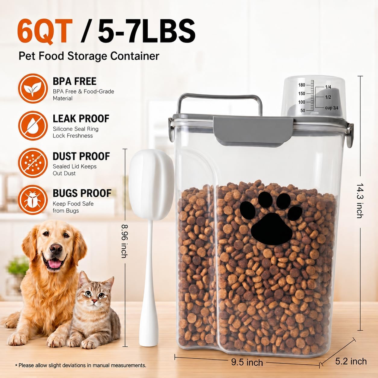 Dog Storage Container with cleaning brush,Measuring Cup,Portable Pet Food Containers with Upgraded Large Spout and Cup for Dogs,Cats,Birds,Small Animals(White)