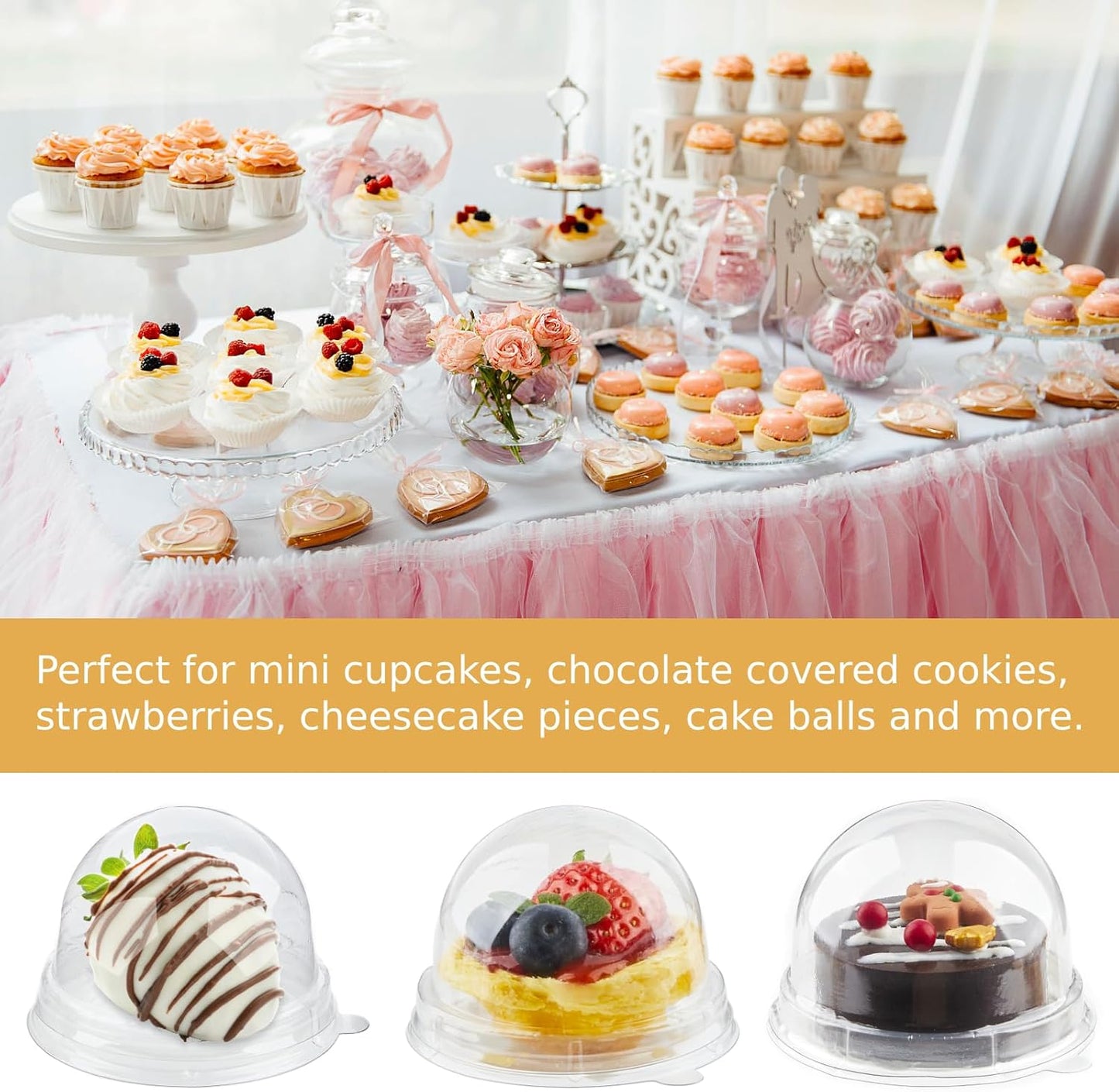 Zezzxu 50 Pack Mini Cake Containers, Clear Plastic Small Cupcake Boxes with Dome Lids for Individual Chocolate Covered Cookies, Strawberry, Mooncake (Gold)