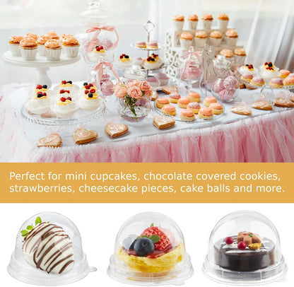 Zezzxu 50 Pack Mini Cake Containers, Clear Plastic Small Cupcake Boxes with Dome Lids for Individual Chocolate Covered Cookies, Strawberry, Mooncake (Gold)