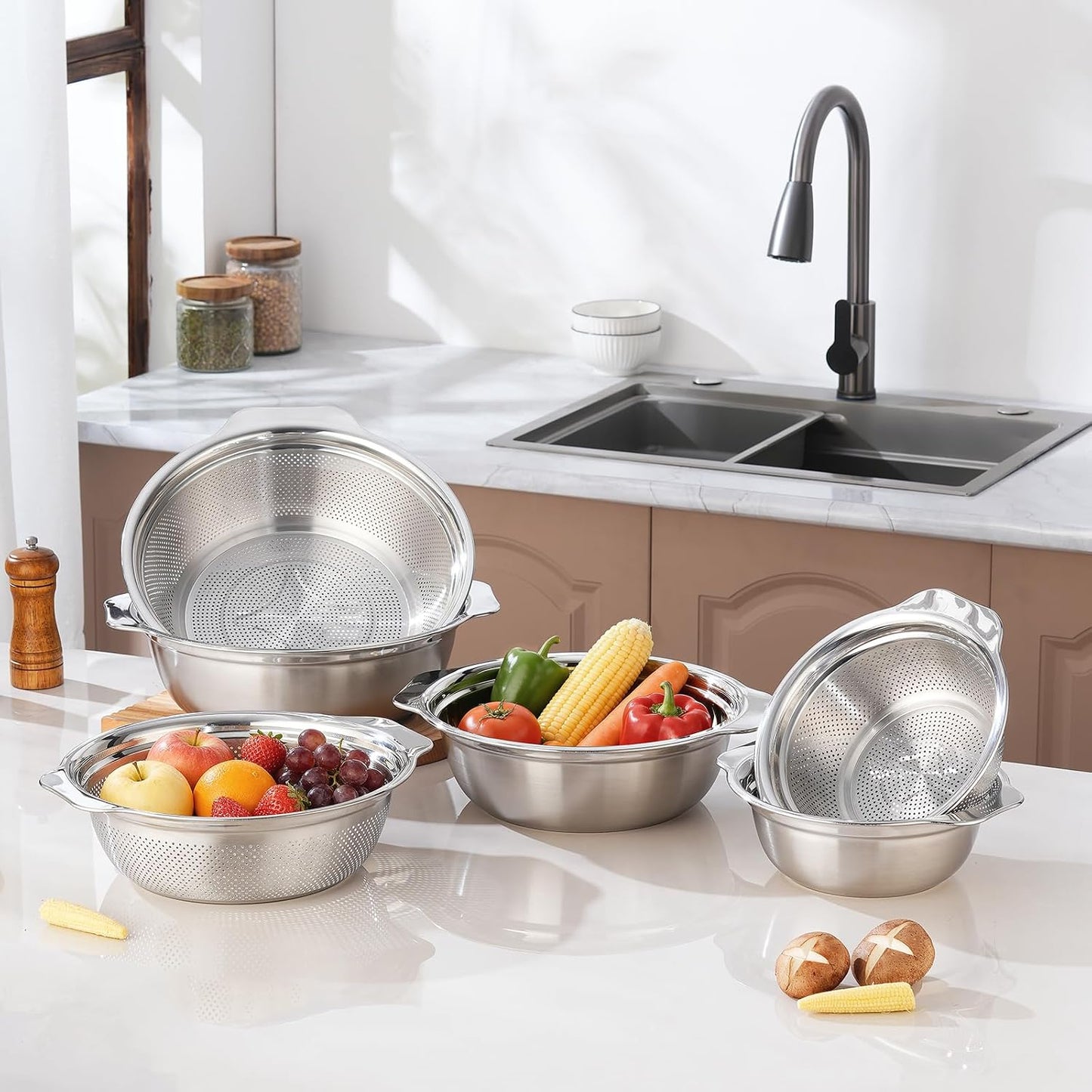 Stainless Steel Colander for Kitchen 2-Quart, Strainer Microporous with Mixing Bowl, Rice Strainer for Washing Vegetables, Fruit and Draining Cooked Pasta, Dishwasher Safe