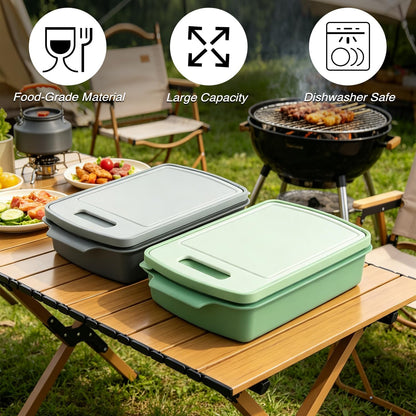 Sunmei Grill Prep and Serving Trays, 3-in-1 Stackable BBQ Food Tray, 5PCS BBQ Serving Set with Marinating Container, Serving Platter, Cutting Board and 2PCS Colored 12-Inch Grill Tongs (Green)