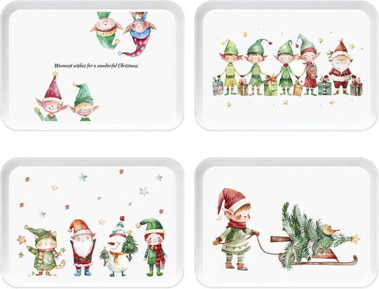 4-Piece 15 x 11 Inch Christmas Serving Tray Set, Reusable Melamine Platters with Cute Elf Cartoons, Holiday Party Trays for Snacks, Fruit, Desserts, and Candy, Rectangular Design