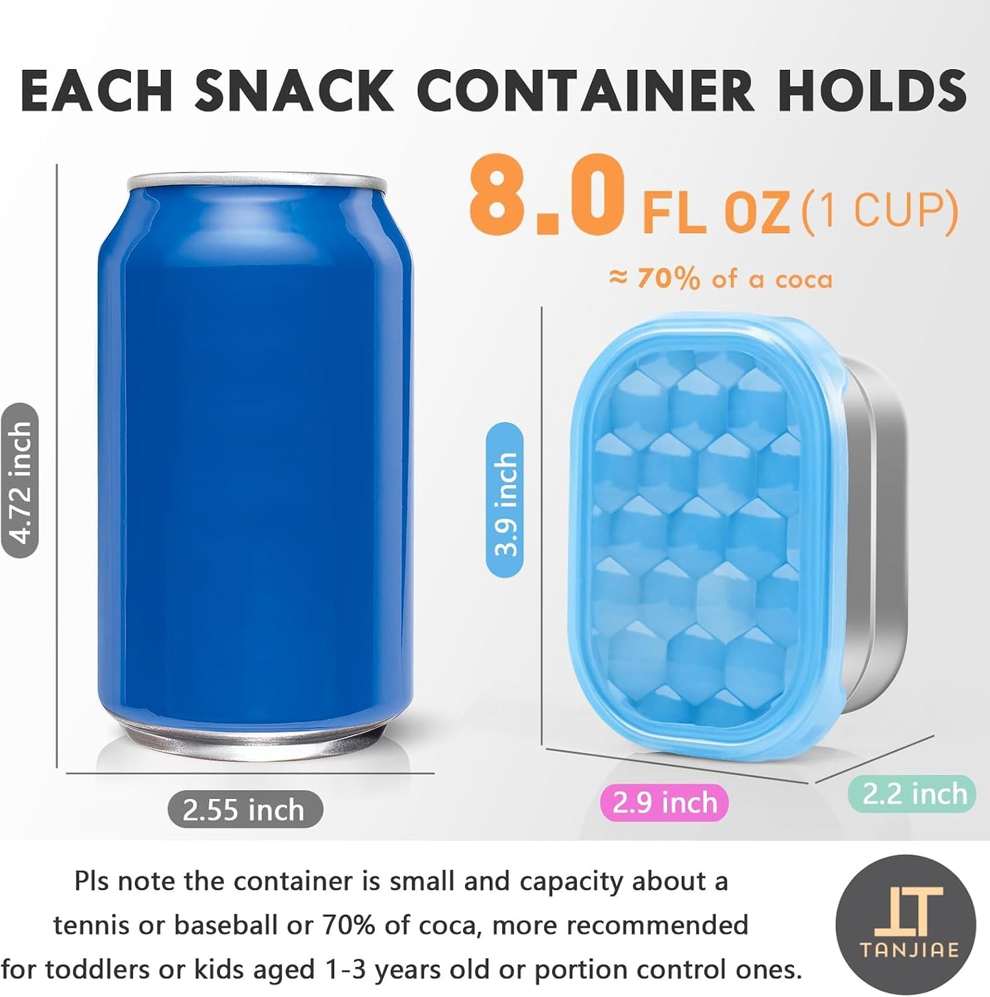 Tanjiae Small (1 CUP) Stainless Steel Snack Containers for Kids | Easy Open Leak Proof Food Containers with Silicone Lids - Perfect Metal Toddler Lunch Box for Daycare and School (8oz)