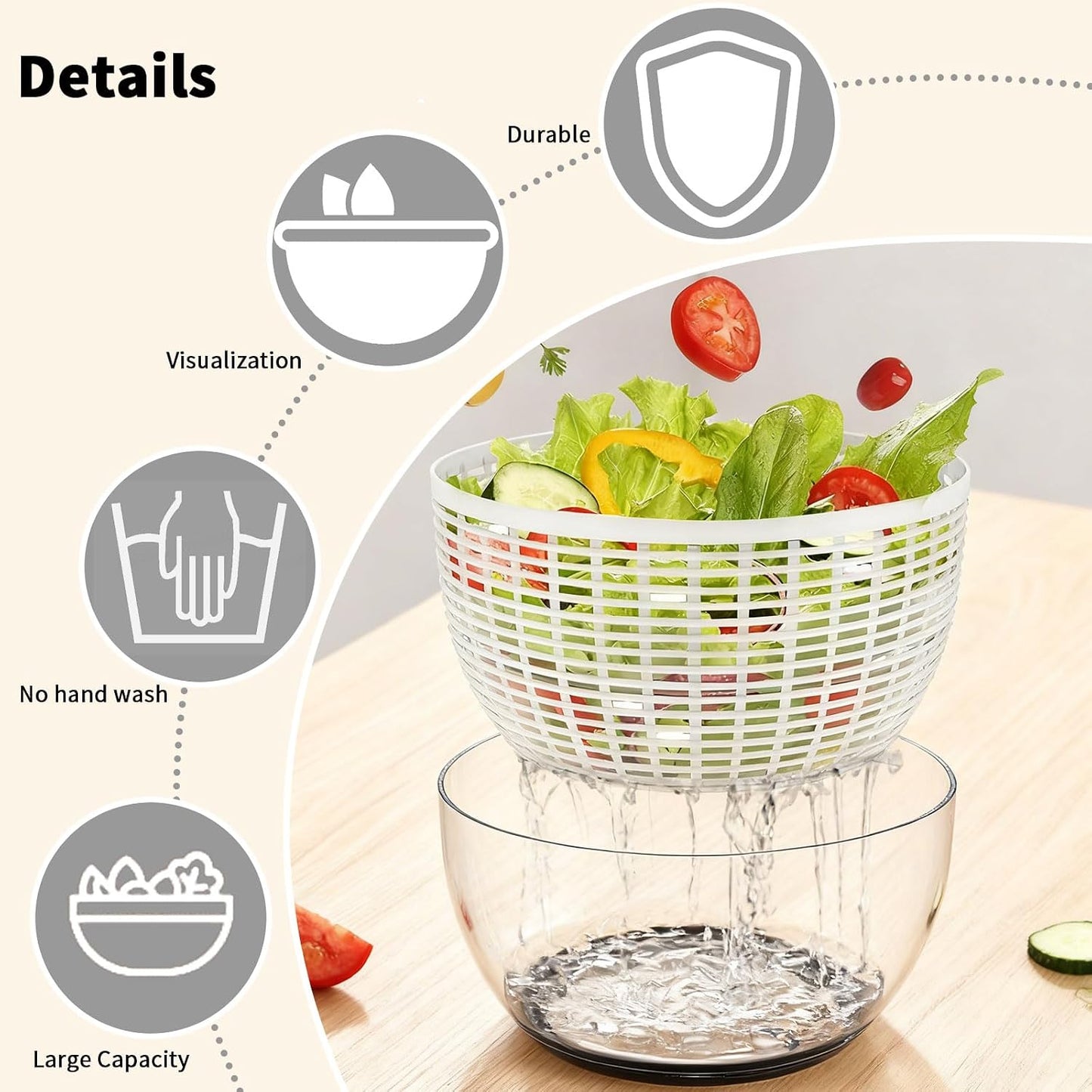 quick press salad spinner and vegetable washer tool for lettuce spinner capacity Fruit Washing Bowl with fruit washing bowl with strainer dehydrator kitchen appliances (Large - 6.34 qt)