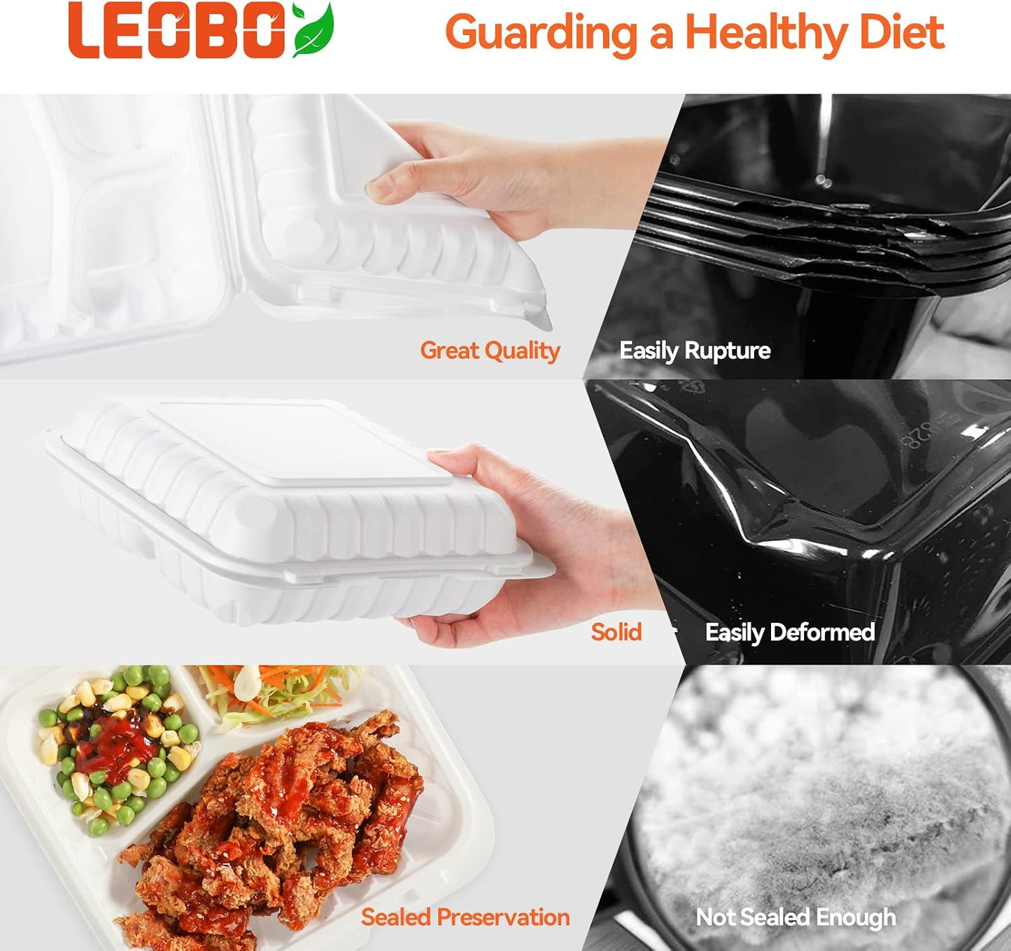 Takeout Container Mineral Filled PP Plastic - 7.8 Inch 30oz 65 Pack BPA Free 3 Compartments Shrink Wrap Bento Box | Freezer & Microwave Safe for Picnic | Black Reusable & Disposable Containers