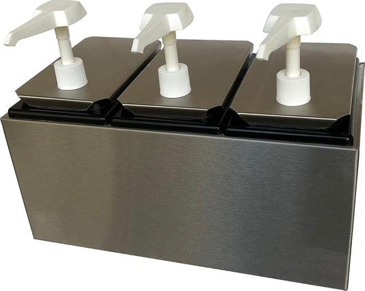 Carlisle FoodService Products Condiment Rail Condiment Center with 3 Standard Pumps for Gas Stations, Restaurants, and Fast Food Stainless Steel, 14.44 X 7.75 X 12.5 Inches, Silver