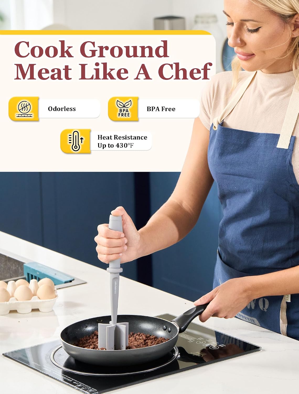 Meat Chopper for Hamburger, CLUEAPOP Premium Heat Resistant Masher and Smasher for Ground Beef, Nylon Ground Beef Chopper Tool and Meat Fork, Non Stick