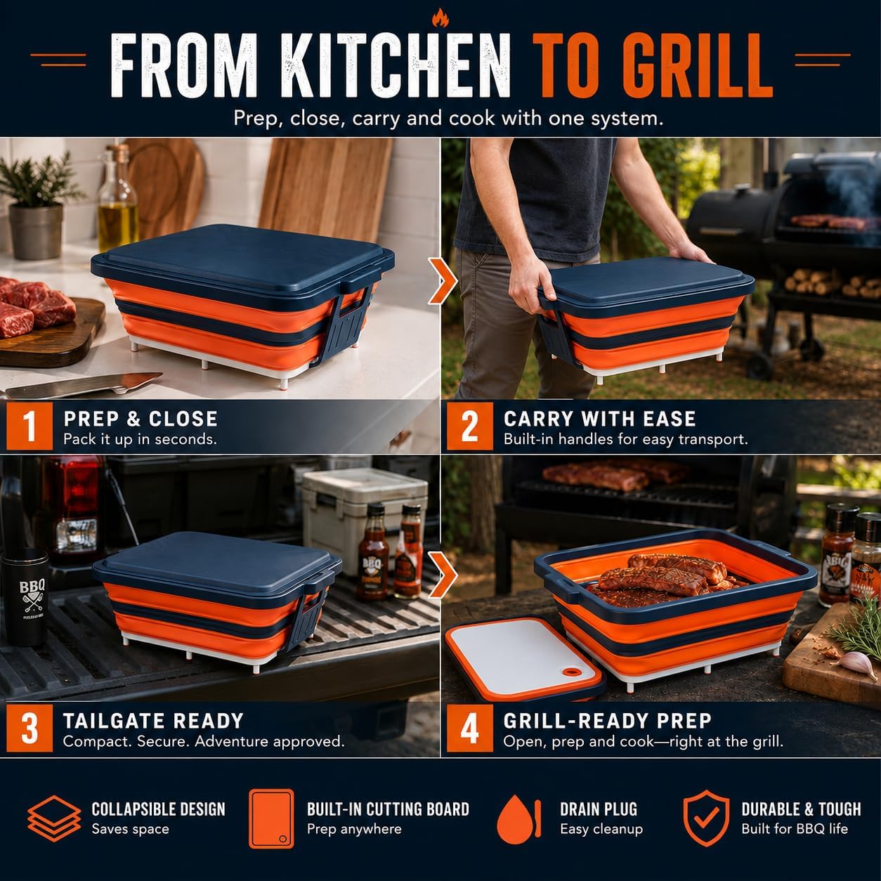 Collapsible BBQ Prep Tub with Convertible Cutting Board Design & Serving Lid – XL Brine Container & Meat Prep System for Brisket, Smoking, Grilling, Camping & Tailgating