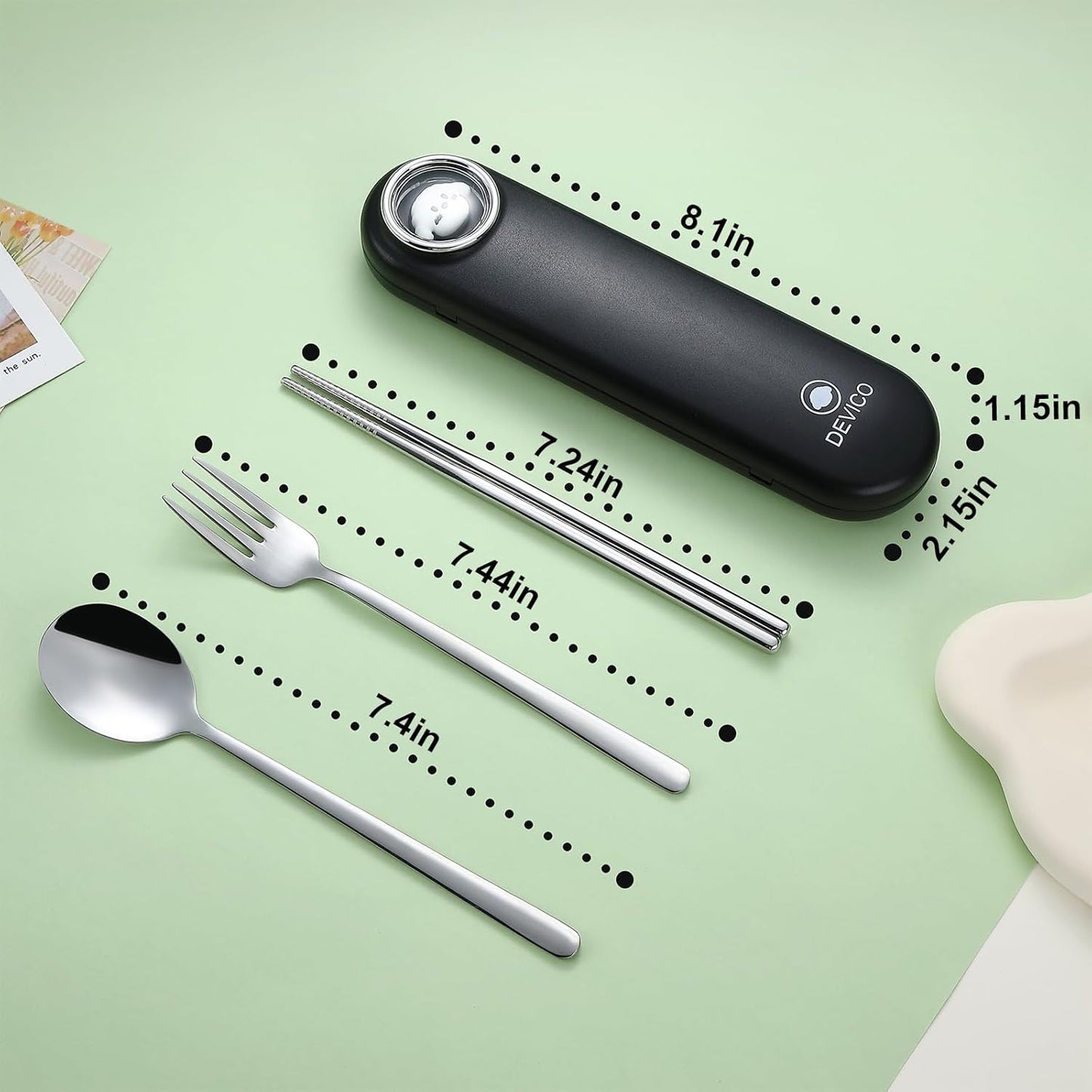 DEVICO Travel Utensils with Case Cute, Reusable Silverware for Lunch, 4Pcs Portable Cutlery Set, 18/8 Stainless Steel Fork Spoon Chopsticks in Cartoon Case, Dishwasher Safe (Light Yellow)