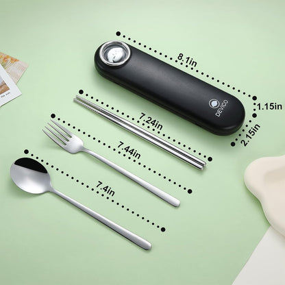 DEVICO Travel Utensils with Case Cute, Reusable Silverware for Lunch, 4Pcs Portable Cutlery Set, 18/8 Stainless Steel Fork Spoon Chopsticks in Cartoon Case, Dishwasher Safe (Light Yellow)