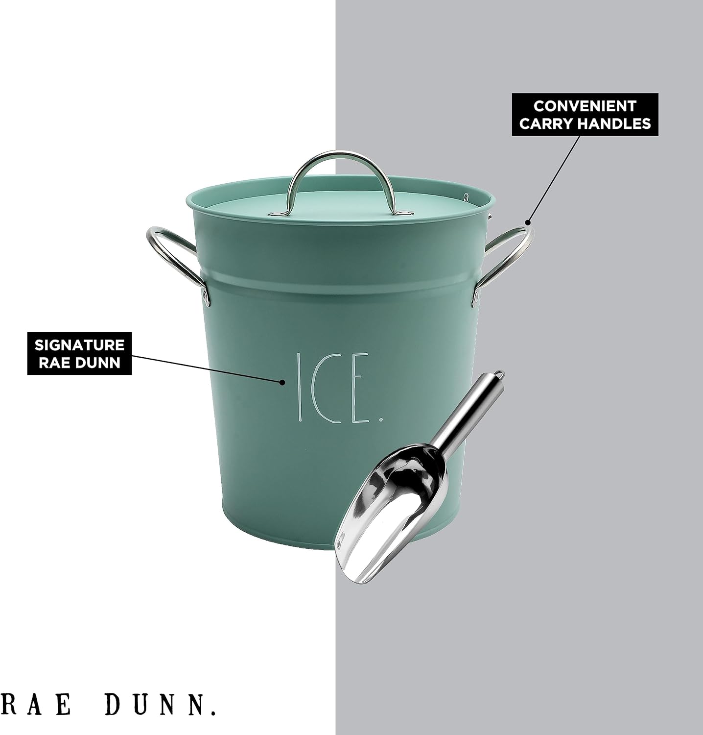 Rae Dunn Ice Bucket with Scoop - Stainless Steel Bucket with Handle, Lid and Ice Scooper - 4 Qt. Storage Bin for Ice Cubes for Bars, Parties, Backyard Barbeques, Picnics, and Camping (Black)