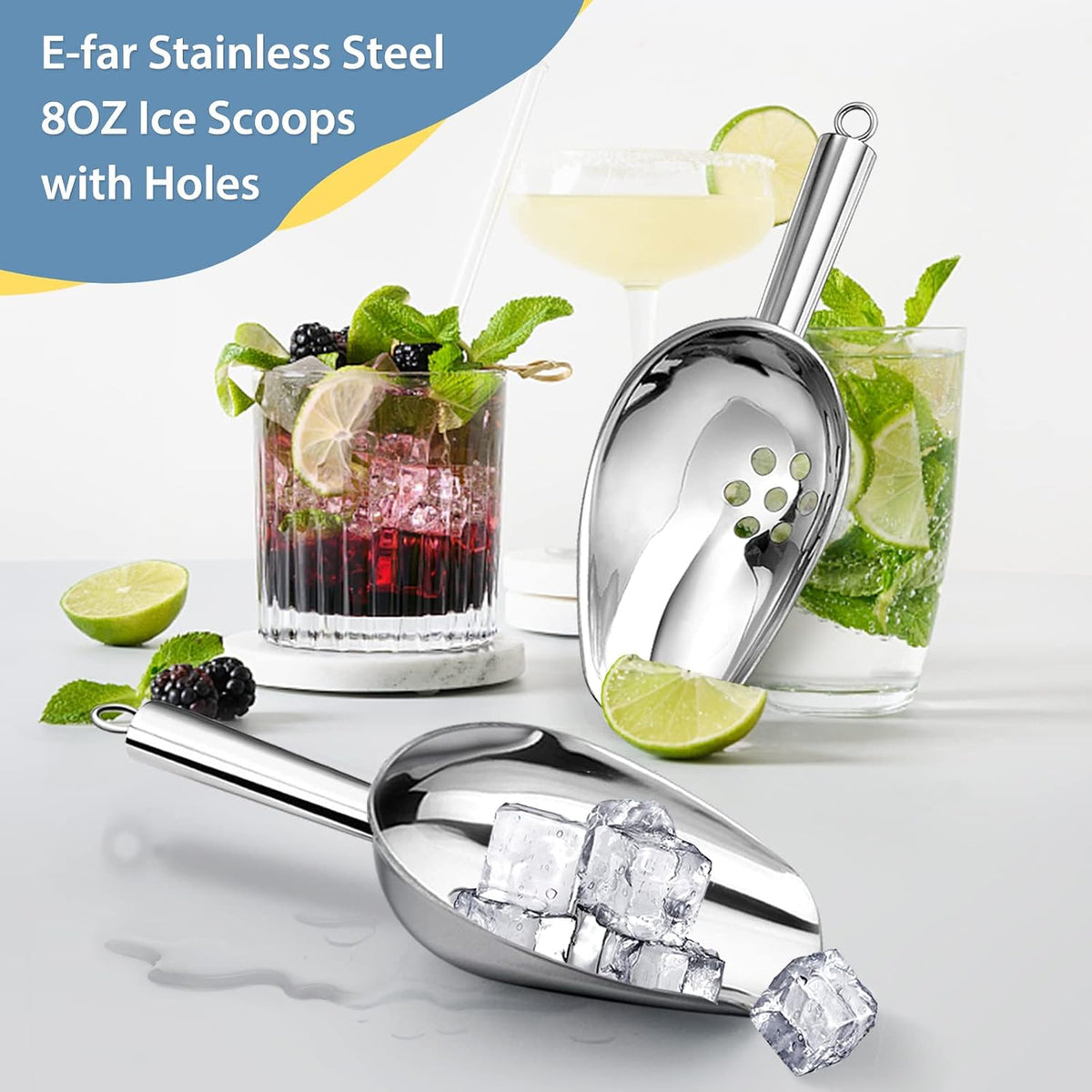 E-far Ice Scoops with Holes, 2 Pcs 6 Oz Stainless Steel Scoops for Freezer