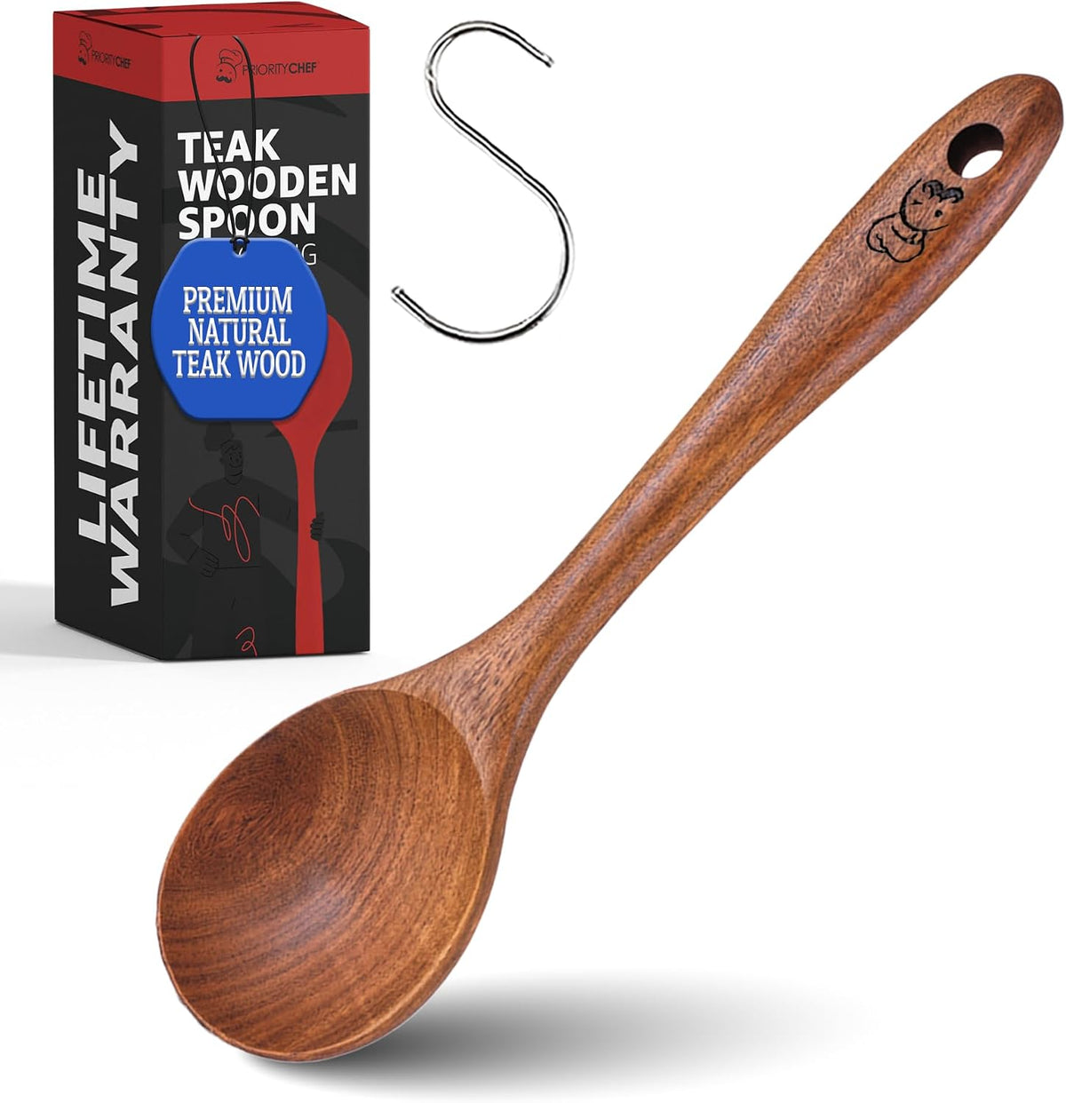 PriorityChef Wooden Slotted Spoon - Premium Teak Cooking Utensil for Frying, Straining & Serving - Long Handle Kitchen Spoon for Nonstick Cookware - Handcrafted Durable Wood
