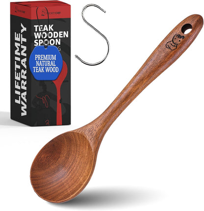 PriorityChef Wooden Slotted Spoon - Premium Teak Cooking Utensil for Frying, Straining & Serving - Long Handle Kitchen Spoon for Nonstick Cookware - Handcrafted Durable Wood