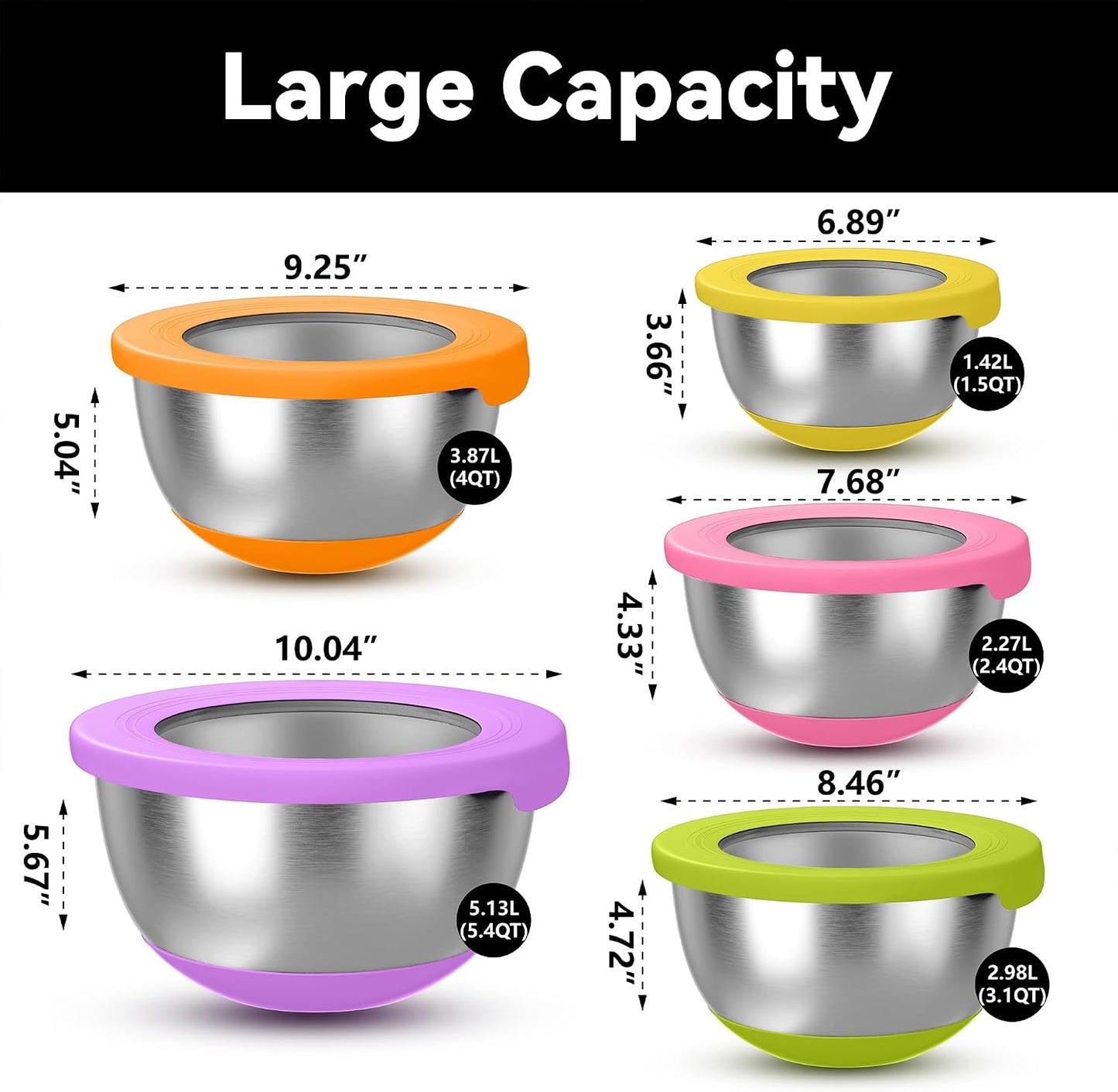 KITEISCAT Stainless Steel Mixing Bowls with Lids – Set of 5 Large Nesting Metal Bowls for Kitchen, Baking, Cooking, Food Prep & Storage, Non-Slip Base, Dishwasher Safe,Khaki