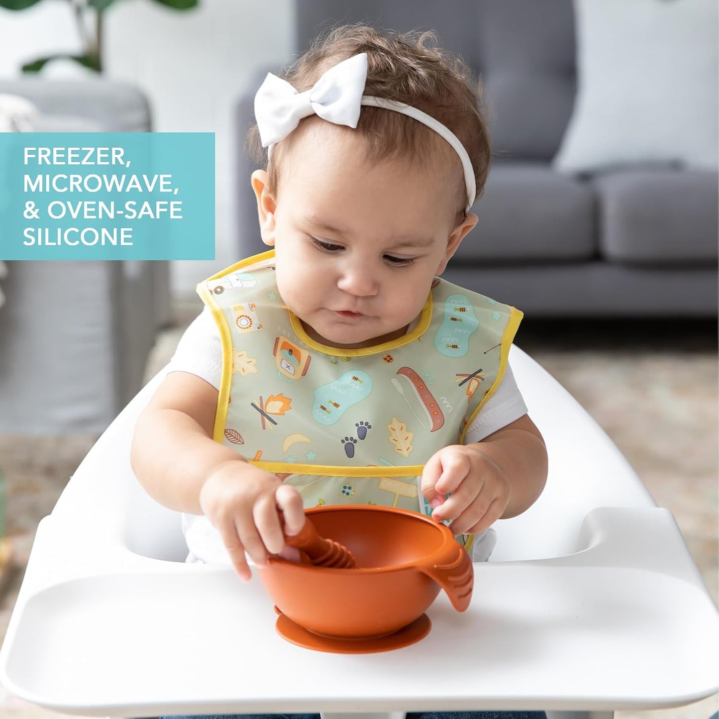 Bumkins Baby Bowl, Silicone Feeding Set with Suction for Baby and Toddler, Includes Spoon and Lid, First Feeding Set, Training Essentials for Baby Led Weaning for Babies 4 Months Up, Sage