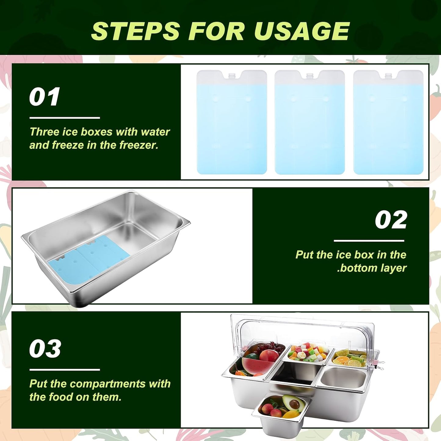 Condiment Tray Stainless Steel Serving Display Set with Lid for Buffet Restaurant Kitchen, Food Chilled Container for Salad Fruit Condiments, Keeps Food Fresh with Ice Box(6 Compartments)