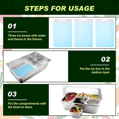 Condiment Tray Stainless Steel Serving Display Set with Lid for Buffet Restaurant Kitchen, Food Chilled Container for Salad Fruit Condiments, Keeps Food Fresh with Ice Box(6 Compartments)