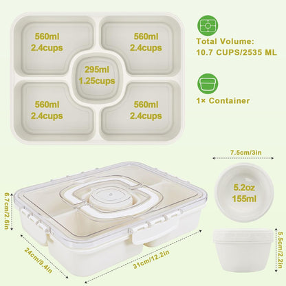 Caperci Large Portion Snackle Box Container - 5 Compartments Veggie Fruit Snack Divided Serving Tray with Lid and Dip Container for Party Picnic, Leak-Proof, Dishwasher Safe, BPA-Free (10.7 Cups)