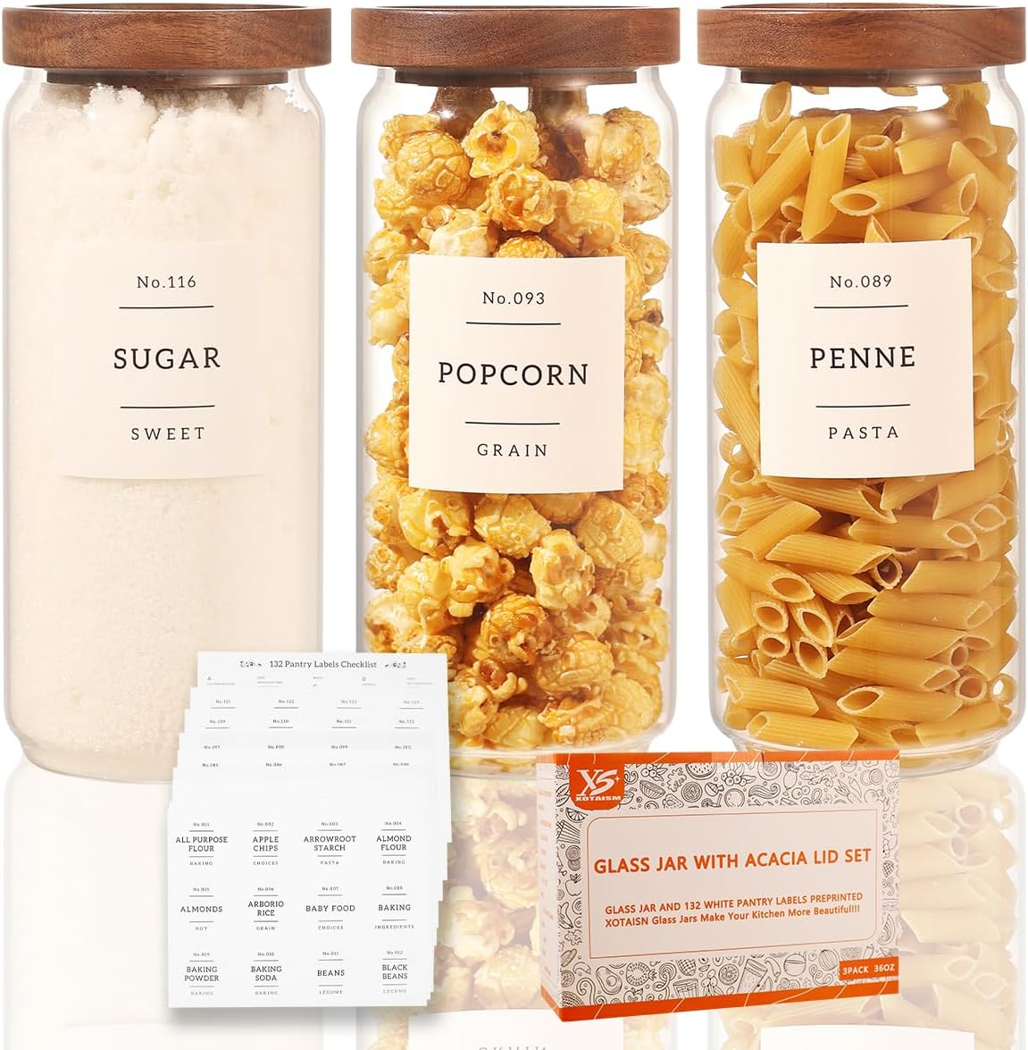 2 Pack Large Glass Flour and Sugar Storage Containers with Airtight Acacia Wood Lids and 132 Kitchen Pantey Labels Preprint - 1 Gallon Borosilicate Glass Canister Sets for Food,Pasta,Cookie,Rice