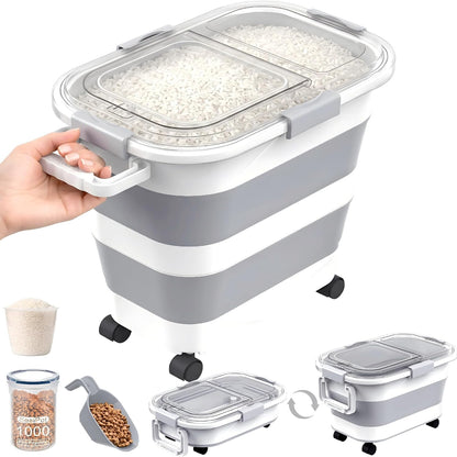 30 Lbs Rice Storage Container with Wheels, Collapsible Airtight Dog Food Storage Container with Transparent Lid, Measuring Cup, Scoop, Handle, BPA Free Rice Holder for Pet Food, Grain, Bird Seed