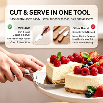 Stainless Steel Serrated Pie Server Spatula – 1 PCS Wooden Non-Slip Easy Grip Cake Cutter and Server, Left & Right Handed Dessert Serving Tool with Hanging Hole for Pies, Pizza, Lasagna, Wedding Cakes