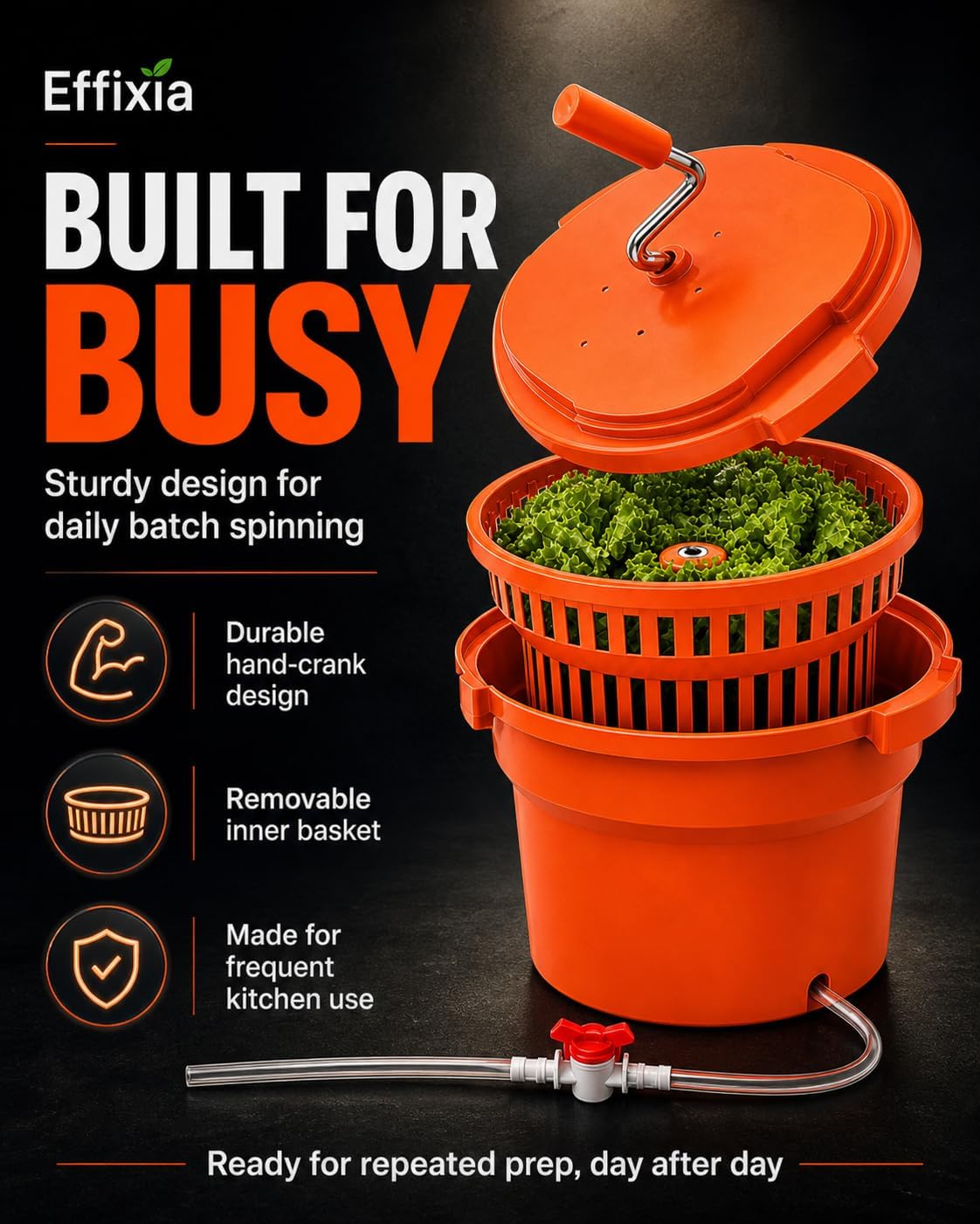 Commercial Salad Spinner - 3 Gallon Large Capacity Lettuce Dryer with 10 Ft Drain Hose & Stop Valve, 12Qt Manual Vegetable Spinner for Restaurants, Catering and Meal Prep