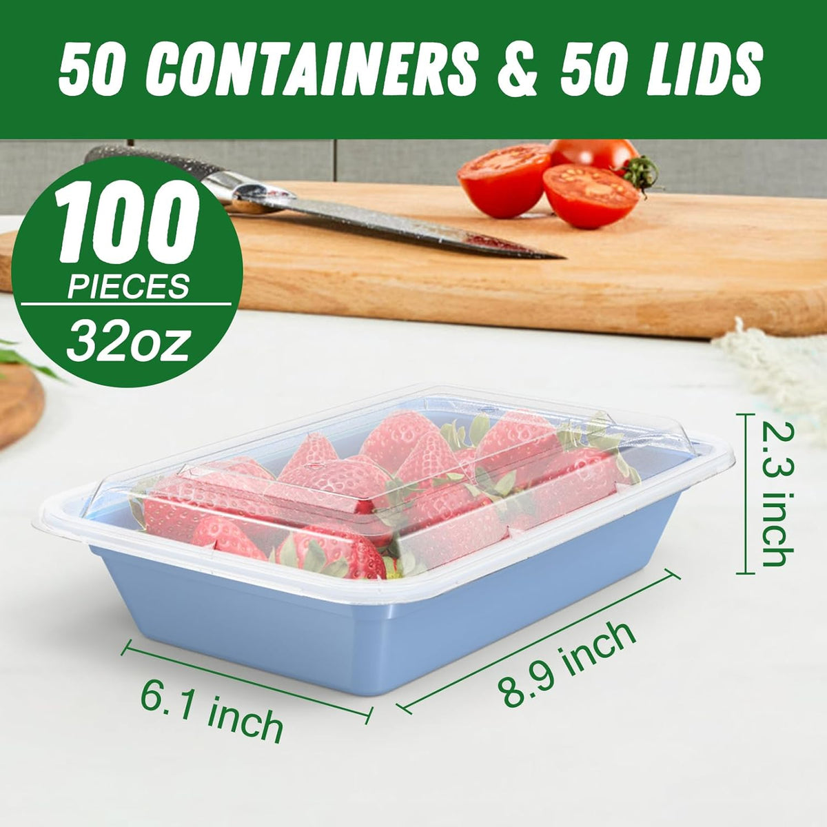 50 Pack (100-Piece) 32 oz Meal Prep Containers Reusable with Easy Open Lids, Sturdy Leakproof Food Safe, Microwave Freezer Dishwasher Safe, To Go Take Out Plastic Food Storage Pans with Lids, Black