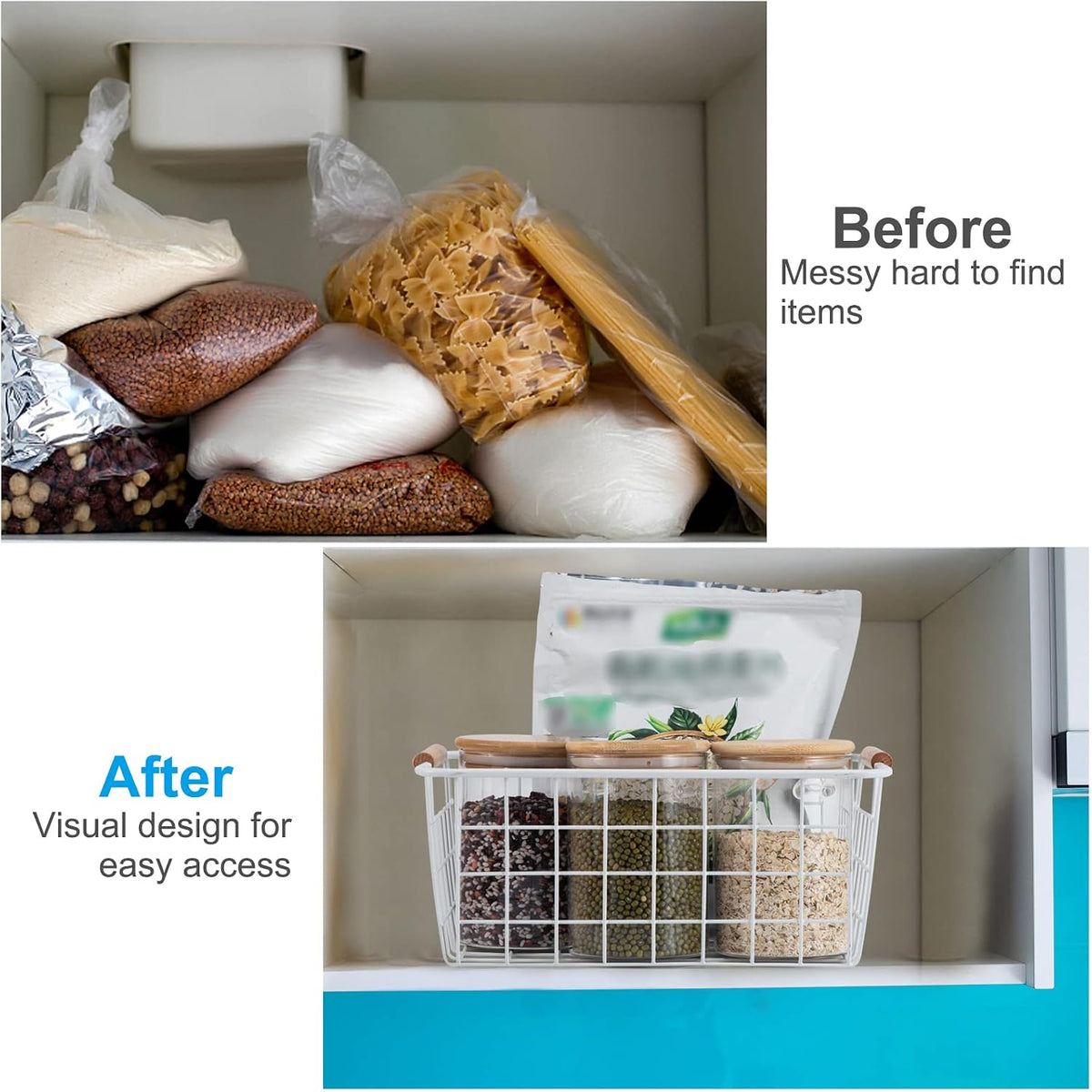 Wire Basket 4 Pcs Wire Storage Baskets Wire Baskets Organizing with Wooden Handles Wire Basket Pantry Organization and Storage Metal Wire Food Storage Basket for Kitchen, Cabinets (Black 4PCS)