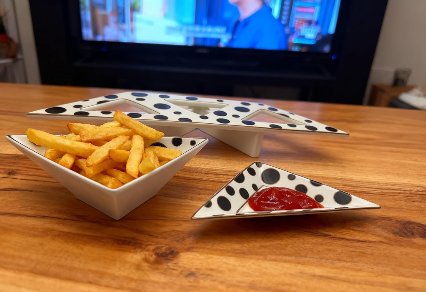 Porlien Triangle Porcelain Divided Serving Tray Set of 3 with Stand, Black and White Polka Dot Serving Platters, Small Plates for Desserts, Appetizers,Snacks, Fruits,Chips & Dip