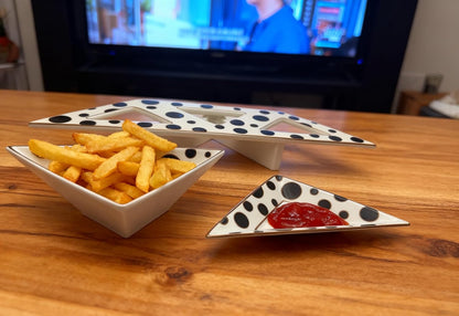 Porlien Triangle Porcelain Divided Serving Tray Set of 3 with Stand, Black and White Polka Dot Serving Platters, Small Plates for Desserts, Appetizers,Snacks, Fruits,Chips & Dip