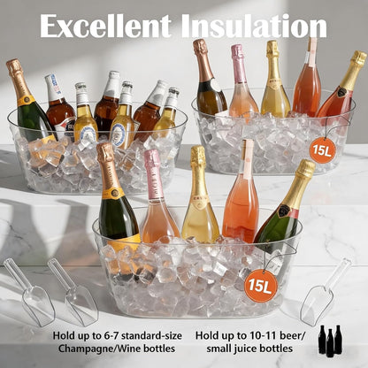 2 PCS Ice Buckets for Parties, 15L Large Ice Bucket, 4 Gallon Clear Acrylic Champagne Wine Buckets with 2 Scoops, Beverage Tub Mimosa Bar Supplies for Champagne, Beer, Cocktail