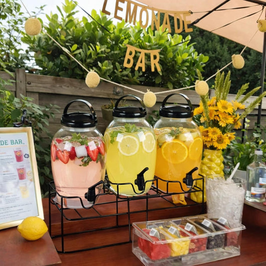 Tanlade 3 Pcs Plastic Drink Dispenser with Spigot and Metal Stand 1.2 Gallon Beverage Dispenser for Parties Juice Dispensers Lemonade Jar with Lids for Cold Drink Tea Water Container