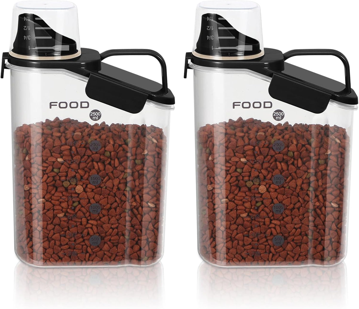 LEAWALK Airtight Small Cat Dog Pet Food Storage Containers BPA Free, with Large Pour Spout/1 Measuring Cup/ 4 Safety Locks and Double-layer Silicone Strip (Olive Gray x 2, 3L-2pack)
