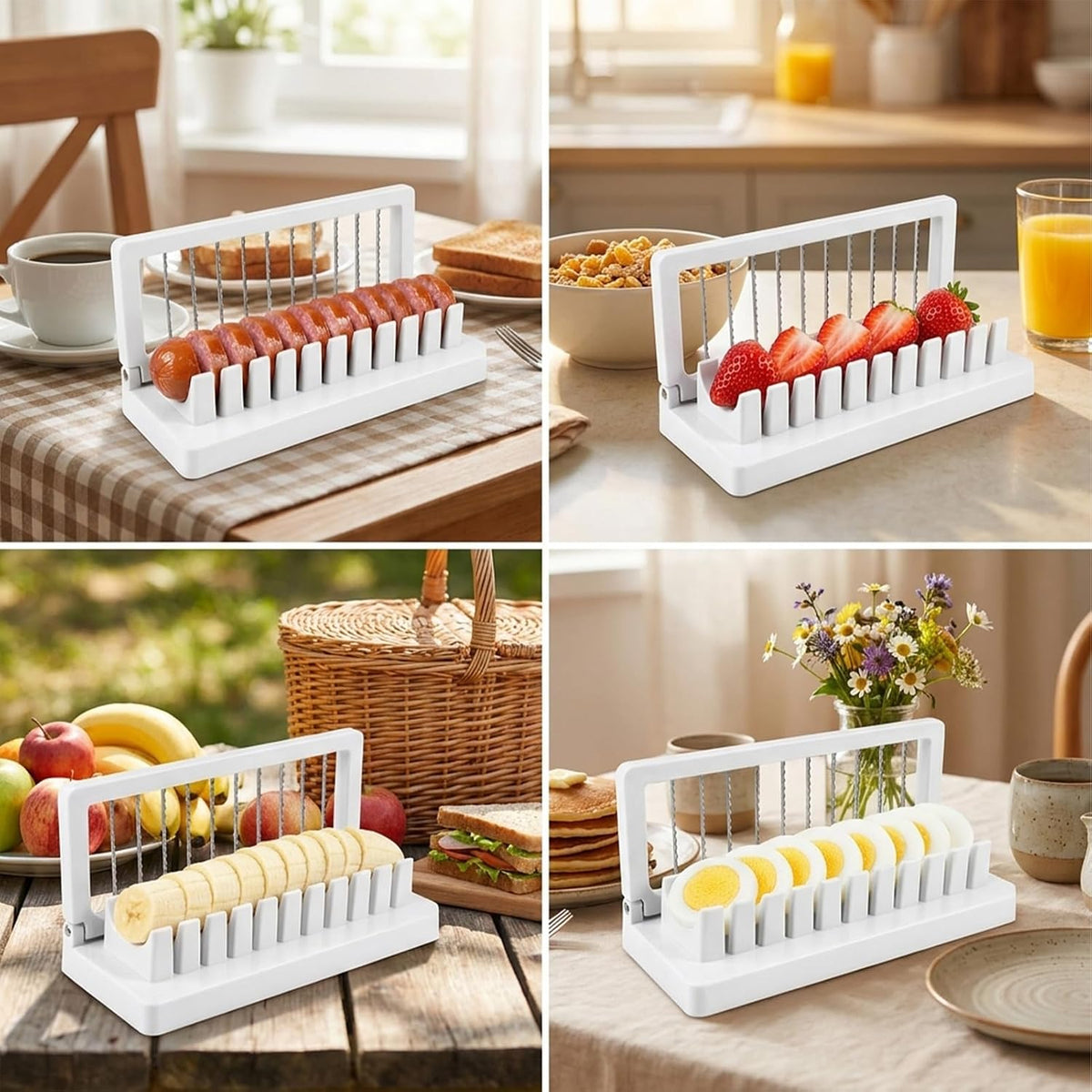 Large Banana Slicer with 304 Stainless Steel Blade, Multi Fruit & Egg Slicer for Hot dog, Hard Boiled Eggs, Strawberry, Cheese, Butter, Easy One Press Fruit Slicer for Kitchen