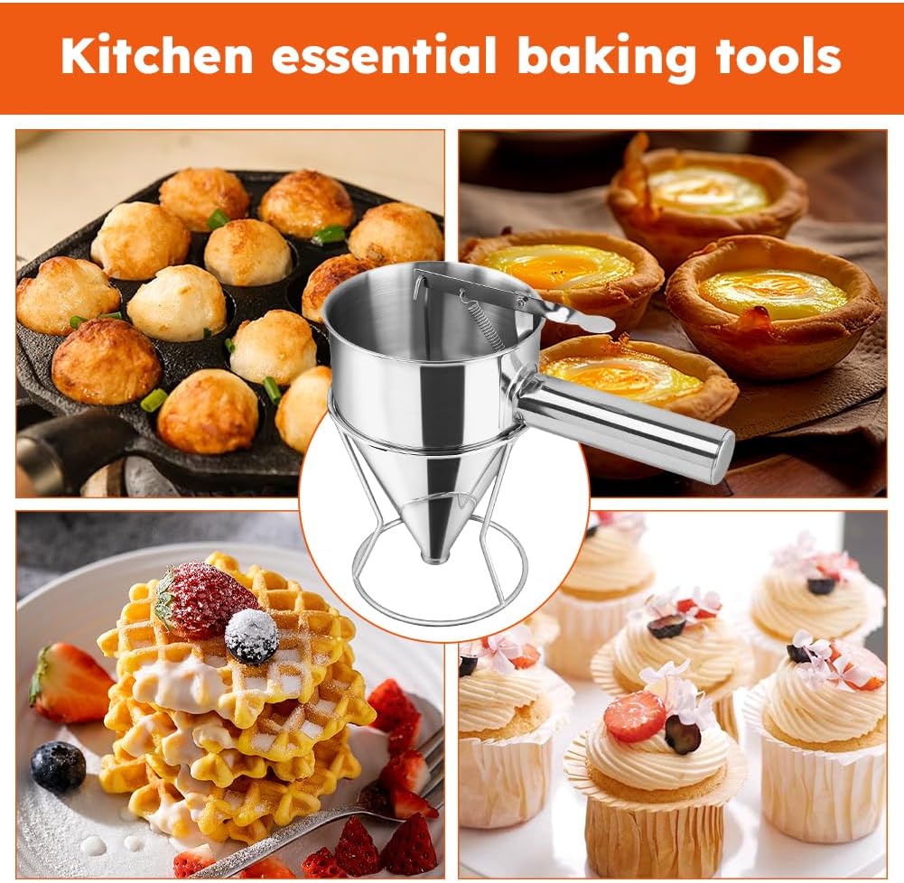 20oz Stainless Steel Pancake Batter Dispenser Multi-Nozzle, Funnel Tool