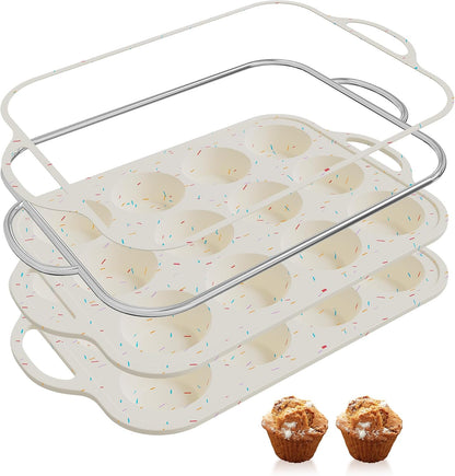2 Packs 12 Cups Silicone Muffin Pan for Baking with Metal Reinforced Frame Regular Size Cupcake Pan Tray Egg Bites Silicone Cookie Molds Muffin Tin Tart Pans Sheet Set for Oven Dishwasher Safe