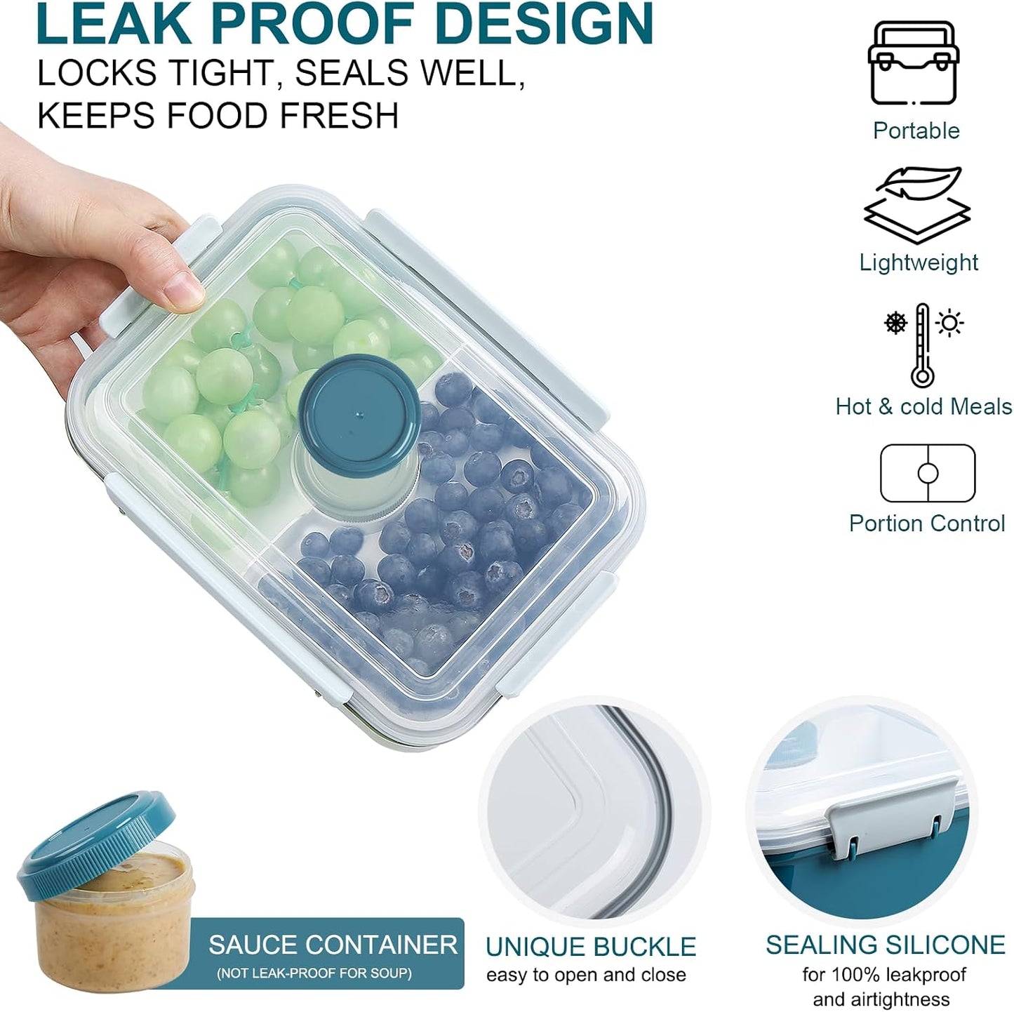 3 Pack Salad Lunch Box Food Storage Containers, 47oz Bento Box To Go Container with Lids, Reusable Meal Prep Containers with Removable Tray & Dressing Pots for Kids and Adults, Microwave Safe