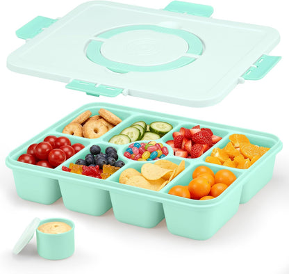Snackle Box Container, Divided Serving Tray with Lid and Handle, 9 Compartments Snack Box Container for Adults, Portable Charcuterie Serving Platter for Candy Fruit, 9.9 Cups, White Grey