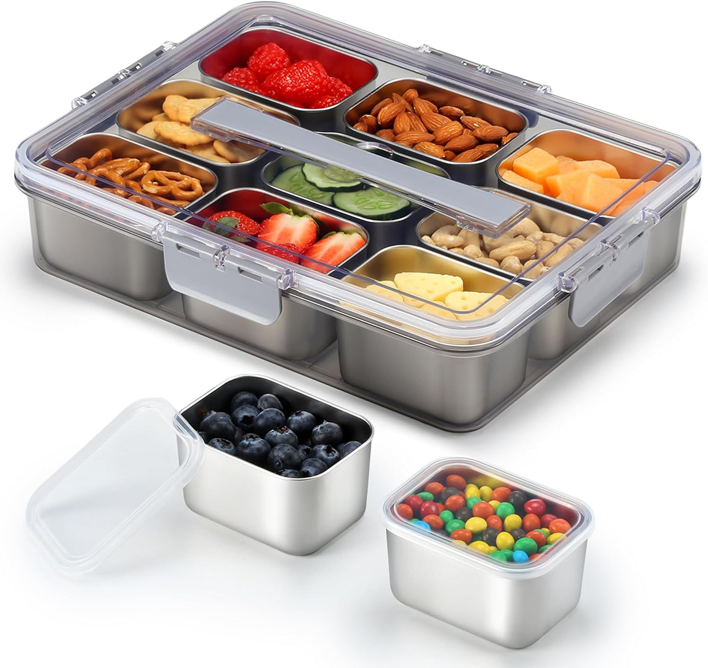 Snackle Box Container, Stainless Steel Snack Containers for Adults, 9 Compartments Divided Serving Tray with Lids and Handle, Portable Snack Platter for Parties, Grey